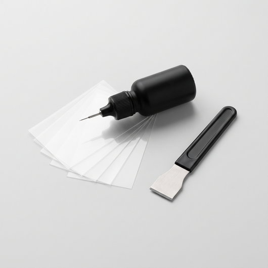 HAMLIN GlassFix windshield repair kit: resin applicator, curing films and razor blade